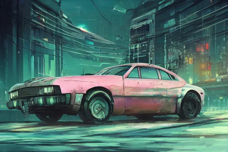 Prompt: cyberpunk synthwave an old soviet car in the soviet yard, intricate, elegant, concept art, smooth, sharp, focus, futuristic, cgsociety, in the style of artstation