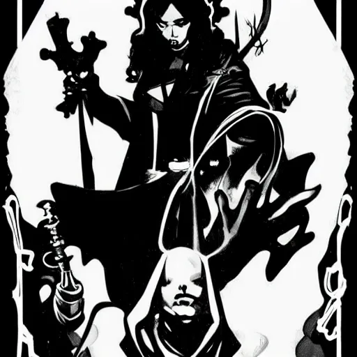 Prompt: Our Lady of Splintered Glass. Dark Fantasy, Film Noir, Black and White. High Contrast, Mike Mignola, D&D, OSR