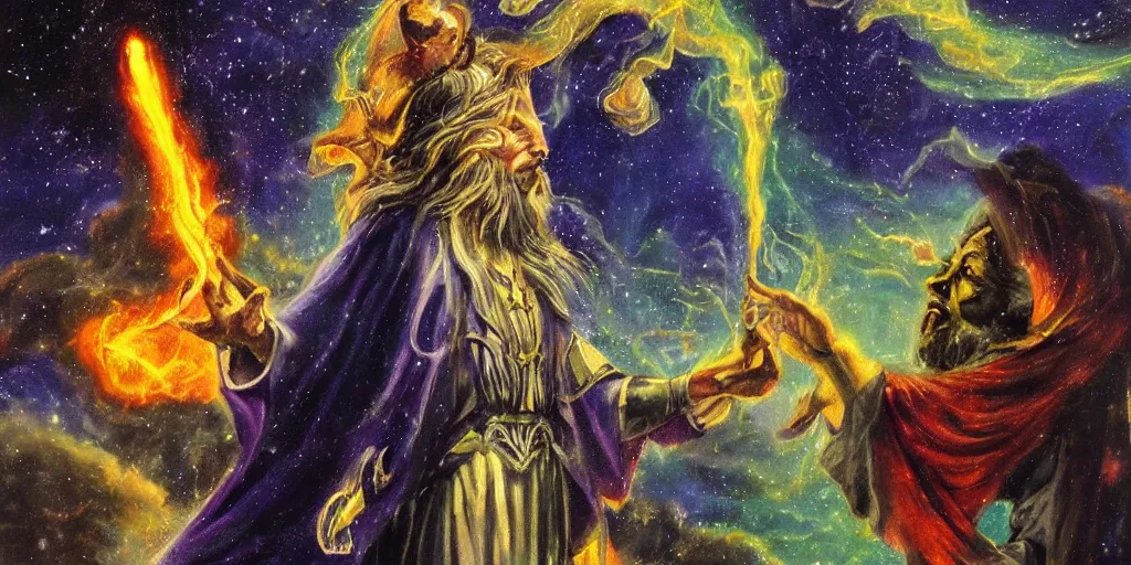 Prompt: magical tarot card held up by a wizard with a glow of power, oil painting, detailed