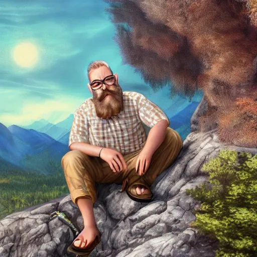 Prompt: a handsome white male, long brown beard, oversized brown mustache, glasses, blue eyes, plaid shirt, cargo shorts, blue crocs : : sitting on a large rock, meditation pose, apple laptop in his lap, golden hour, wisps of smoke, mystical yet whimsical. digital art, trending on artstation, highly detailed