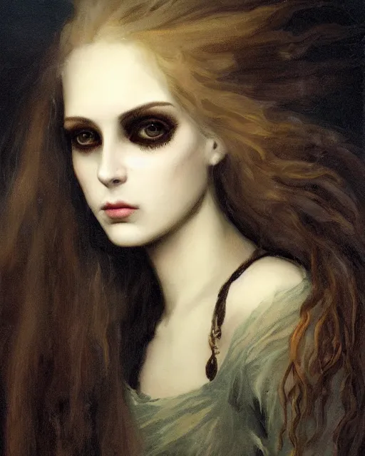 Image similar to a beautiful and eerie baroque painting of a gorgeous young woman from vampire the masquerade bloodlines, with wild hair and haunted eyes, 1 9 7 0 s, afternoon light, delicate embellishments, painterly