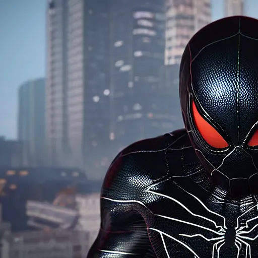 Image similar to a single venom and spider - man hybrid, dslr, cinematic, volumetric lighting, 8 k resolution, photorealistic