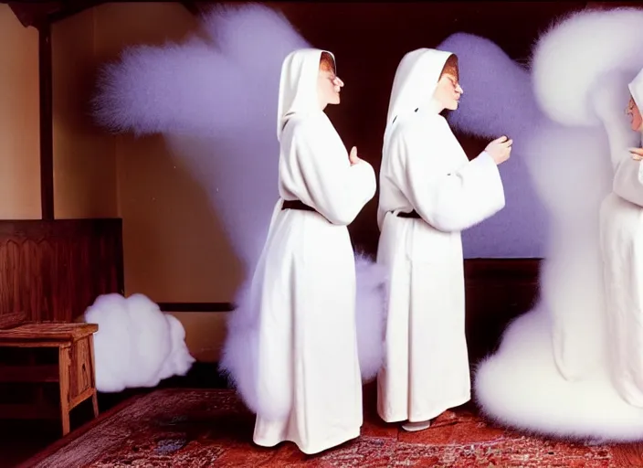 Prompt: realistic photo of a two medieval female nuns scientists wearing white cotton robes, doing an experiment with a fluffy furry fur cloud, living room interior is made of wood 1 9 9 0, life magazine reportage photo, natural colors