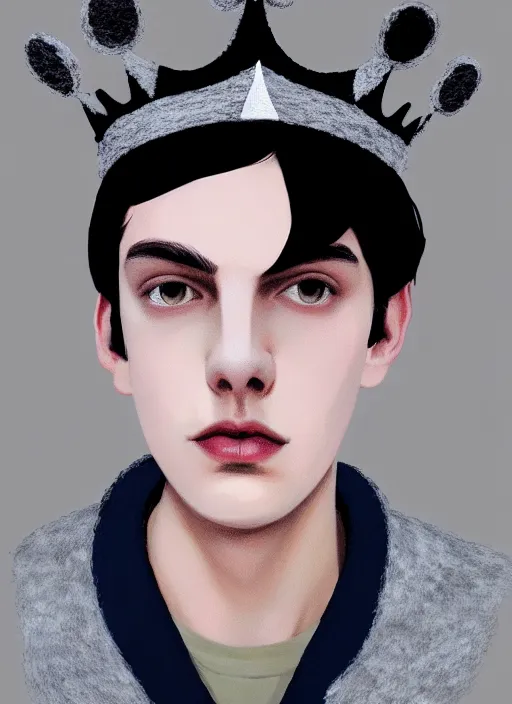 Image similar to portrait of teenage jughead jones wearing a light grey crown, photorealistic, crown made of felt fabric, crown, crown made of felt, black hair, intricate, elegant, highly detailed, digital painting, glowing lights, artstation, concept art, smooth, sharp focus, illustration, art by wlop, mars ravelo and greg rutkowski