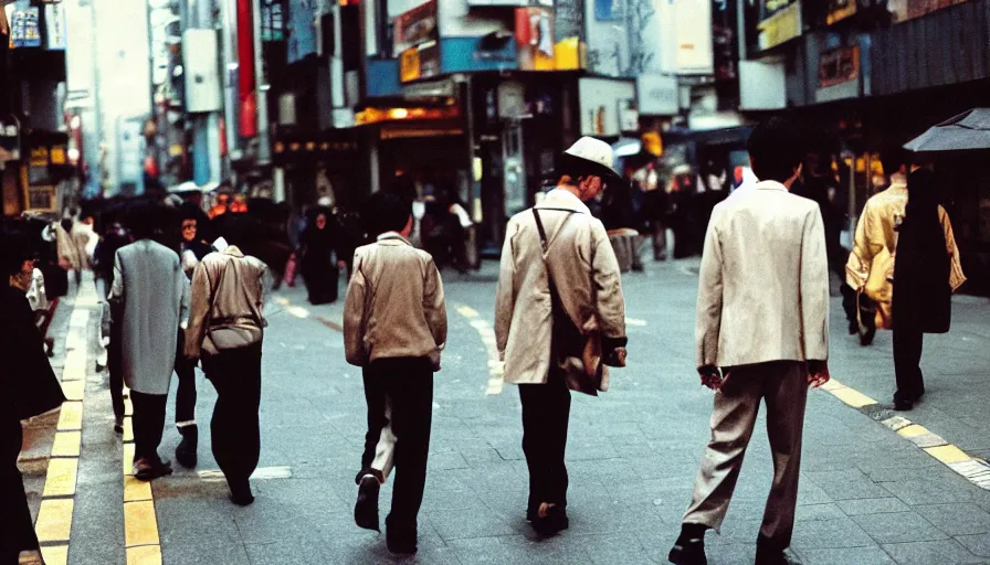 Prompt: masterful street photography by haruto hoshi and yang seung woo and saul leiter, people in tokyo japan, film grain, full color, shot on kodak gold with a canon 3 5 mm lens aperture f / 5. 6, hyperrealistic