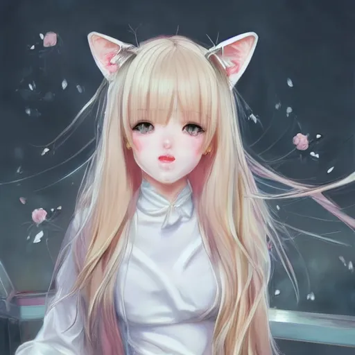 Image similar to realistic beautiful gorgeous natural cute Blackpink Lalisa Manoban white hair cute white cat ears in maid dress outfit golden eyes artwork drawn full HD 4K highest quality in artstyle by professional artists WLOP, Taejune Kim, Guweiz, ArtGerm on Artstation Pixiv