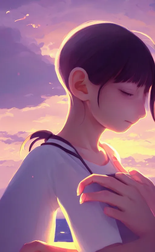 Image similar to front portrait of cute girl hugging a white swan, sunset sky in background, beach landscape, illustration concept art anime key visual trending pixiv fanbox by wlop and greg rutkowski and makoto shinkai and studio ghibli and kyoto animation, futuristic wheelchair, symmetrical facial features, backlit