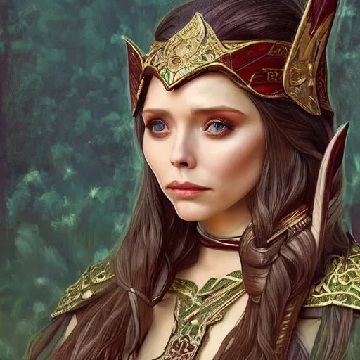 Image similar to Elizabeth Olsen as a elf archer, cute, fantasy, intricate, elegant, highly detailed, centered, digital painting, artstation, concept art, smooth, sharp focus, illustration, art by artgerm and H R Giger and alphonse mucha