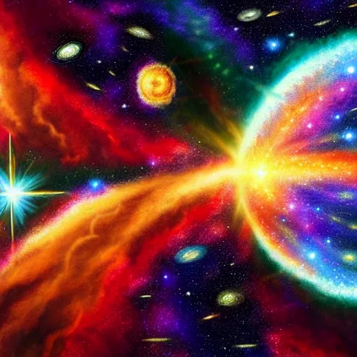 Image similar to image of the entire universe uniting again into perfect love and pure consciousness, defeating the big bang!! final victory of order over disorder!! final defeat of entropy! end of time, galactic scale!! accurate physics mathematics, digital painting, artstation, smooth, sharp focus