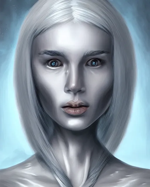 Image similar to beautiful silver haired female Nordic alien digital portrait in the style of Felix Kelly, digital art