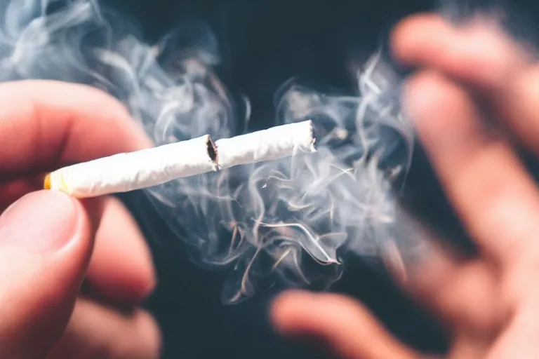 Image similar to Close-up photo of thin soft hand holding cigarette with smoke, hyper realistic