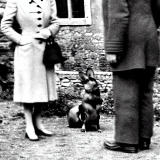 Image similar to ultra wide 1 9 4 6 blurry historical photo of a single german general kneeling before a young queen elizabeth in a french village, her brown and white corgis are next to her, highly detailed, sharp focus