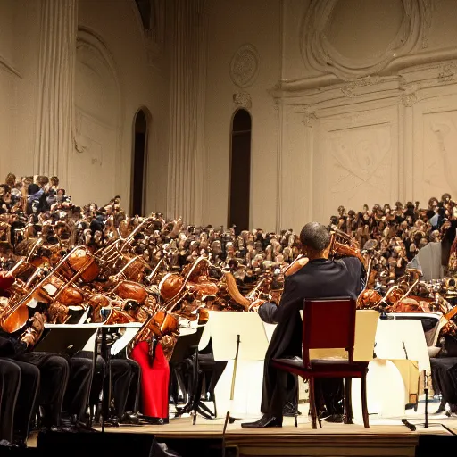 Image similar to Barack Obama conducting a symphony, 4K resolution