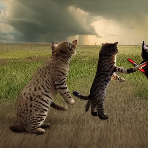 Prompt: film still of jedi cats fighting in a texas thunderstorm, 4 k