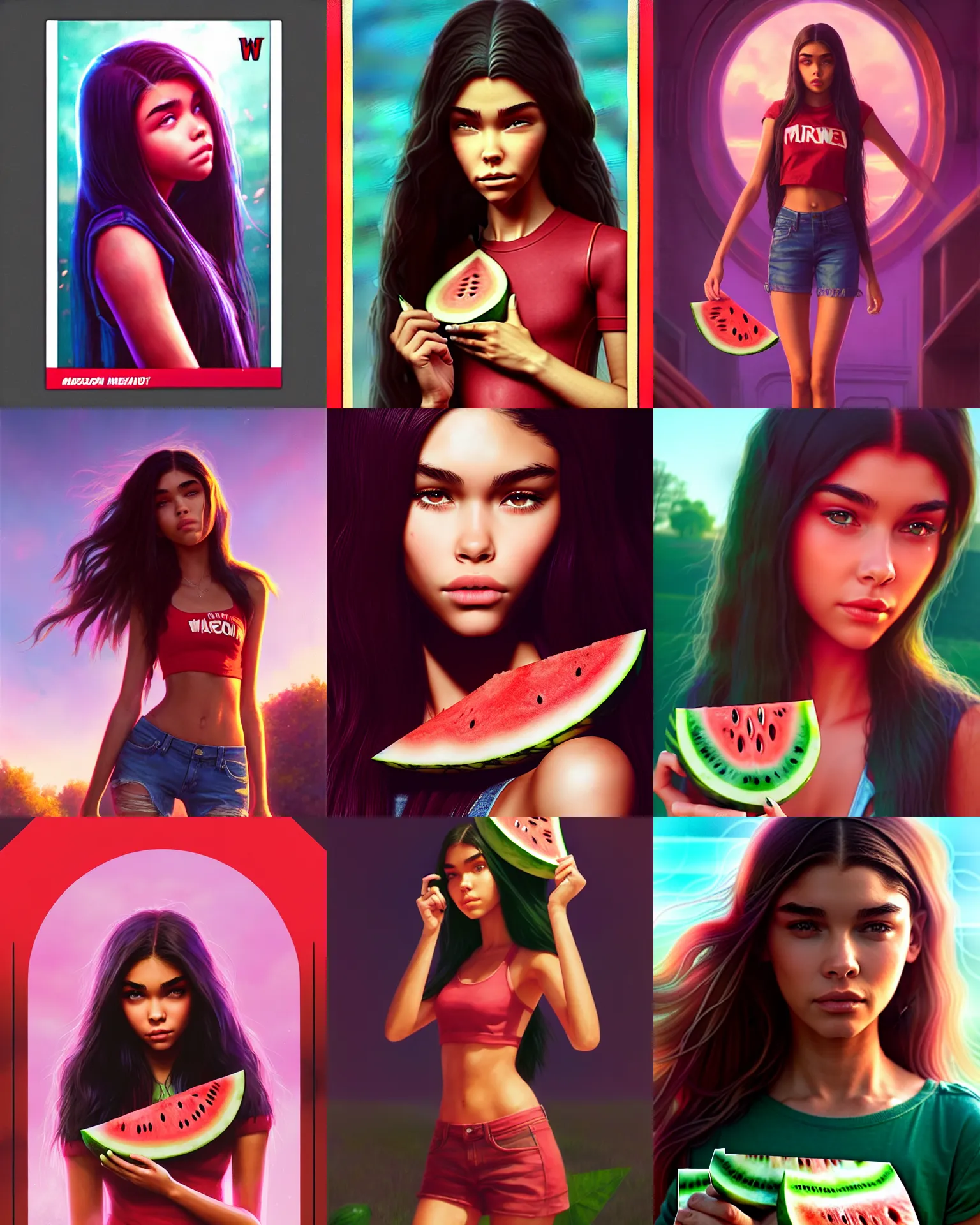 Prompt: madison beer : : college woman : : as watermelon girl by marvel trading card : : by greg rutkowski, wlop, unreal engine, sweaty 4 k, hdr, : :