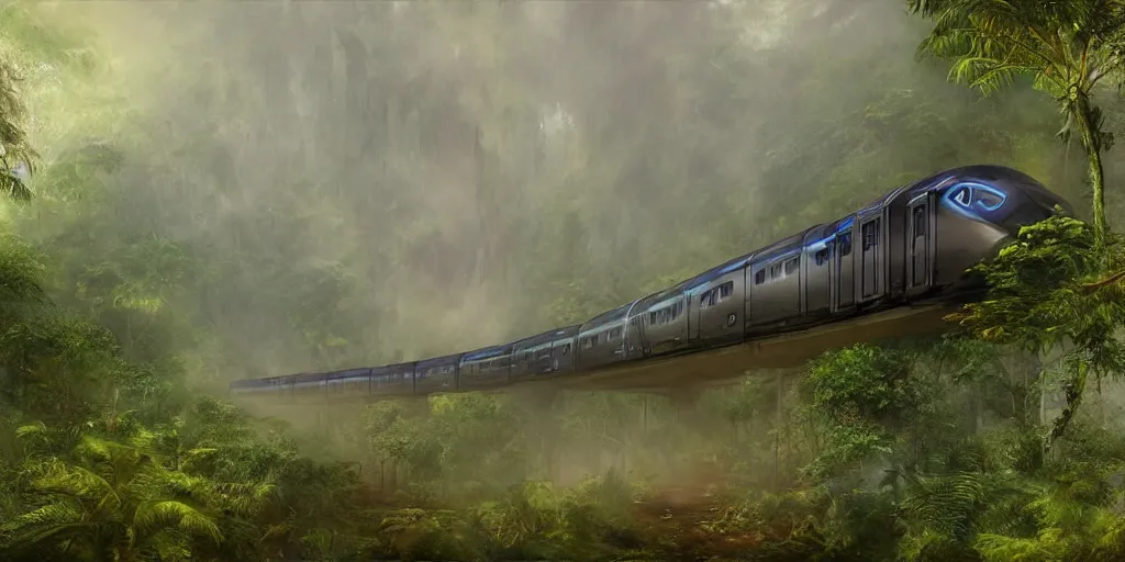 Image similar to futuristic train in the mist of the jungle, artstation, james gurney