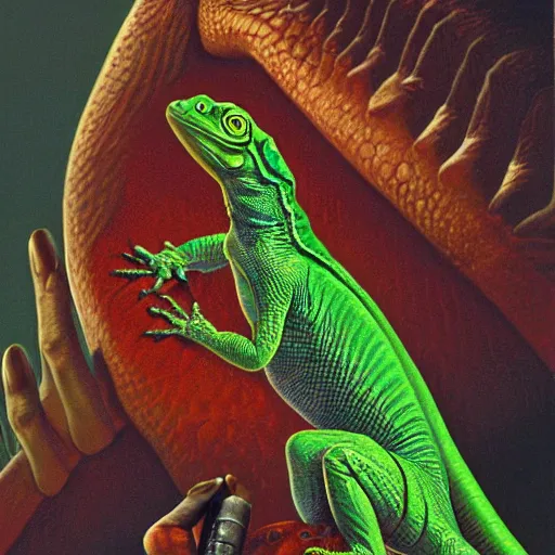 Prompt: portrait of lizard emerging from human skin, artwork by greg hildebrandt