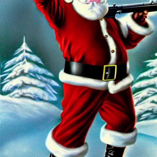 Prompt: closeup of santa firing a sniper rifle, photorealistic, 1970s aesthetic, detailed