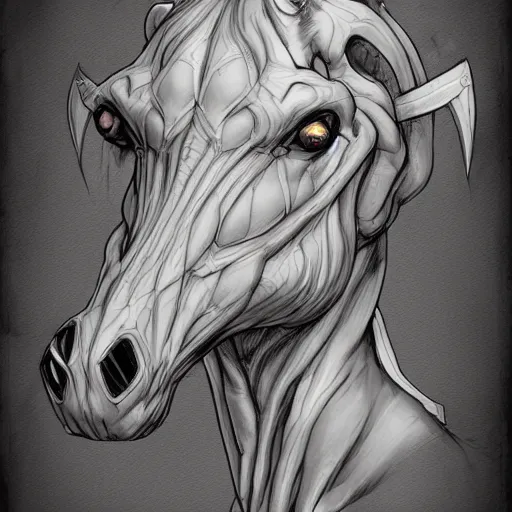 Prompt: Portrait of a horse body with a human chest and head, dnd character design concept art, hyper detailed.