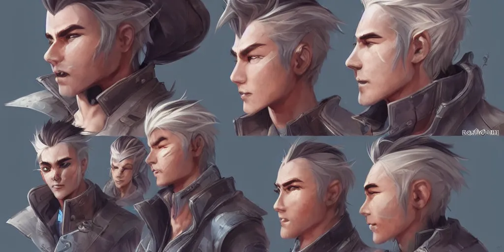 Image similar to concept art of rugged korean male netrunner d & d video game characters head designs, unique hair designs, by marc brunet and artgerm