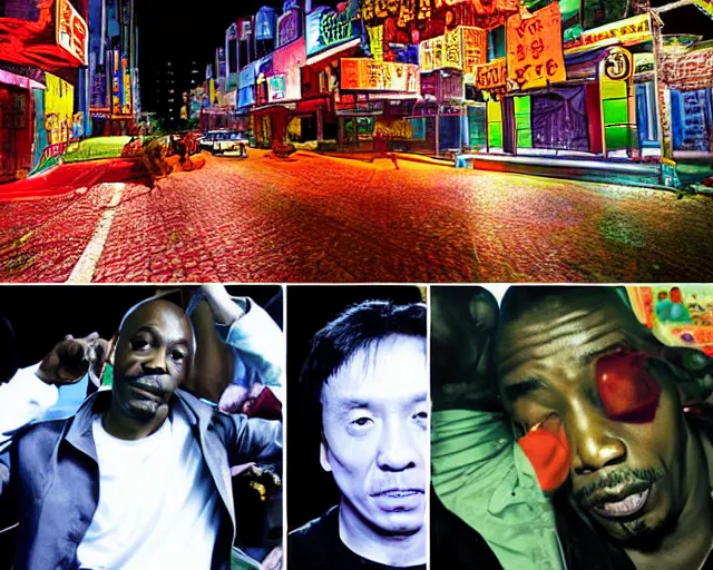 Image similar to Dave Chappelle, Kayne West, and Jackie Chan doing LSD, a photo of Chinatown Streets By Rainer Hosch, and Alex Grey