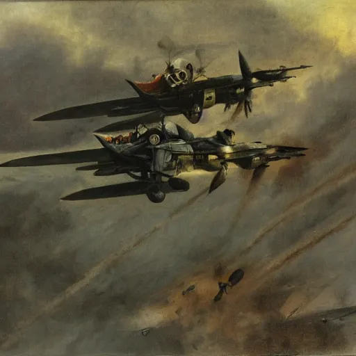 Image similar to flying machines at war, odd lighting matte oil painting by di fate and alan lee and goya