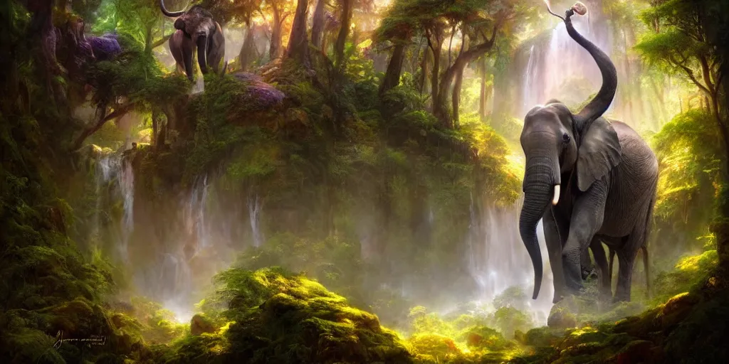 Prompt: elephant in the forest, magical energies emanating from it, waterfall, wide angle, fantasy art, matte painting, sharp focus, vibrant colors, high contrast, illustration, art by justin gerard