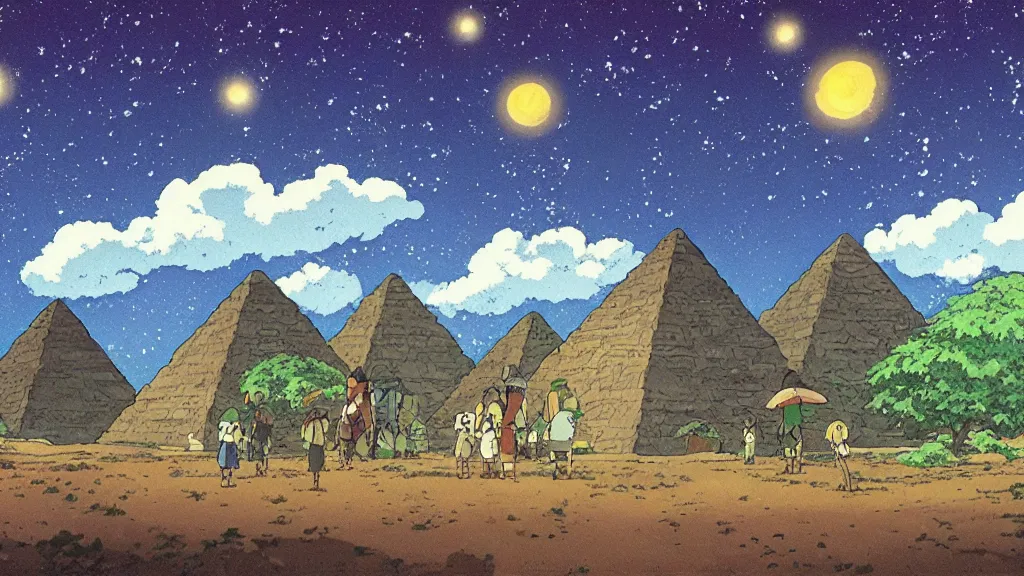 Prompt: a movie still from a studio ghibli film showing a mine runoff storage facility, and three pyramids, in the rainforest on a misty and starry night. by studio ghibli