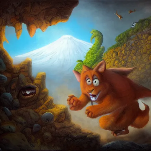 Image similar to animals running away from a volcano by justin gerard, deviantart