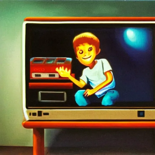 Image similar to a boy playing a video game on a wood panel CRT tv 1985 late at night oil on canvas