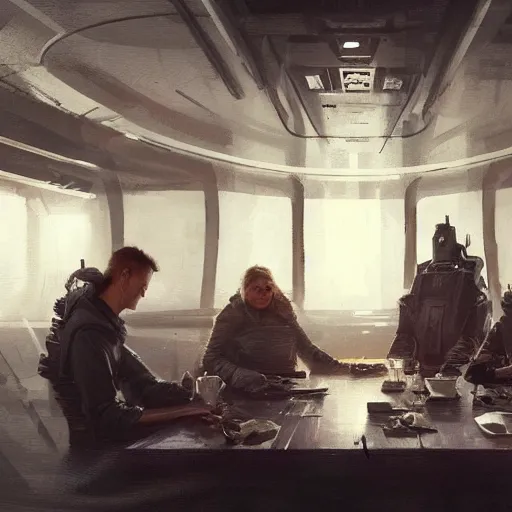 Image similar to concept art by greg rutkowski, a very tall, and slender woman with blond hair, sitting with the crew in the ship's dining room, brutalist futuristic interior, dark lighting atmosphere, detailed portraits, nostalgic atmosphere, scifi, digital painting, artstation, concept art, smooth, sharp foccus ilustration, artstation hq