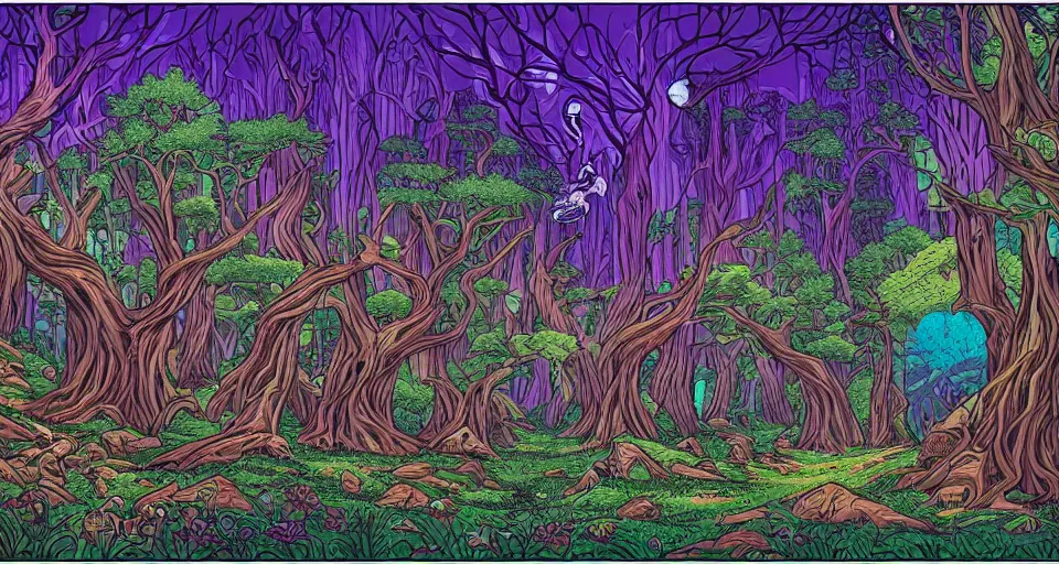 Image similar to Enchanted and magic forest, by dan Mumford