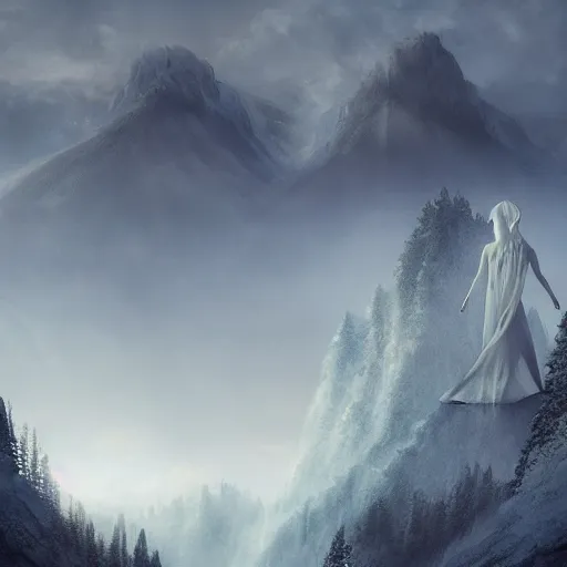 Prompt: a beautiful terrifying pale humanoid figure emerges from behind the mountains. ethereal fantasy art by bjarke pedersen