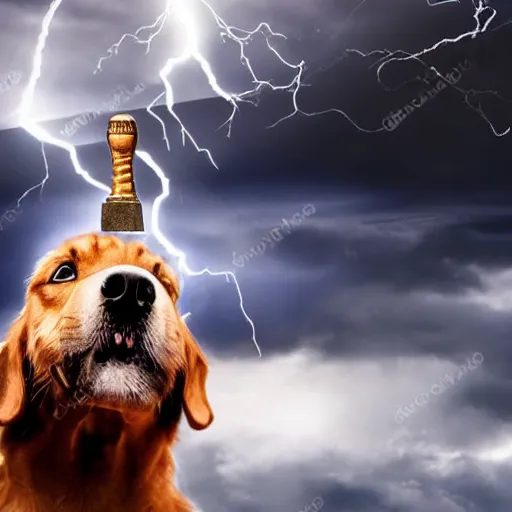 Image similar to a canine holding thor's hammer in its paw, dramatic lightning background, flying