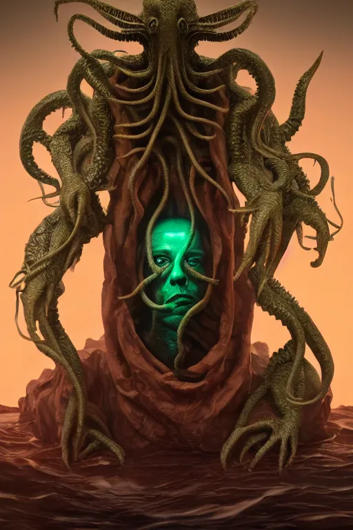 Image similar to digital masterpiece illustration concept art of porcelain statue of elon musk as cthulhu, extremely detailed and intricate complexity, epic composition, magical atmosphere, cinematic lighting, wide long shot, trending on artstation, 8 k