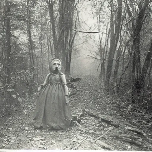 Image similar to spooky 1860 photo of an ancient girl demon devouring the the human kind on a dark forest