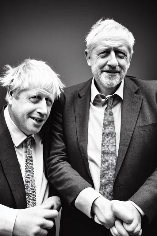 Prompt: boris johnson and jeremy corbyn holding hands, photographed, portrait, photographic, hdr, 4 k