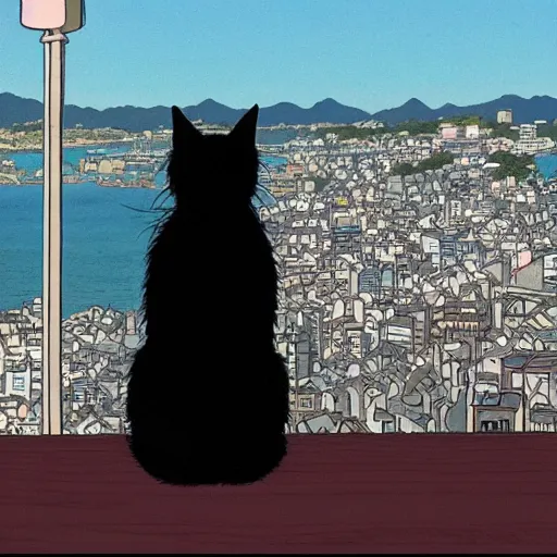 Image similar to a black cat lady looking out over a city, Miyazaki, studio ghibli