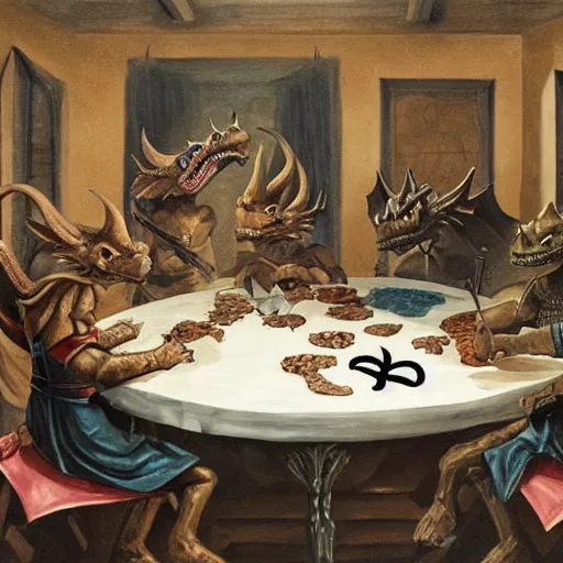 Prompt: dragons sitting around a table playing dnd, painting by cassius marcellus coolidge