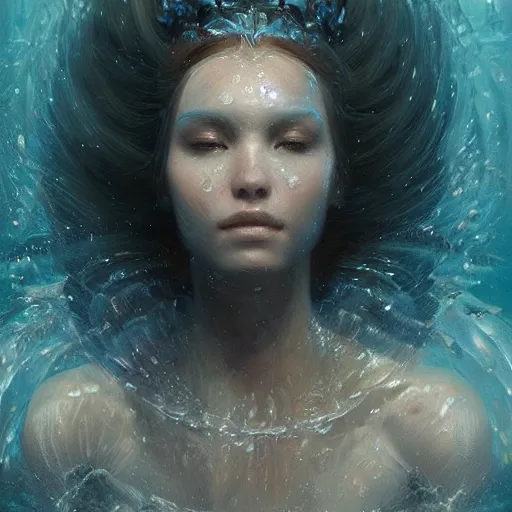 Image similar to a beautiful portrait of a water goddess with transparent skin by Greg Rutkowski and Raymond Swanland, Trending on Artstation, fishes background, ultra realistic digital art