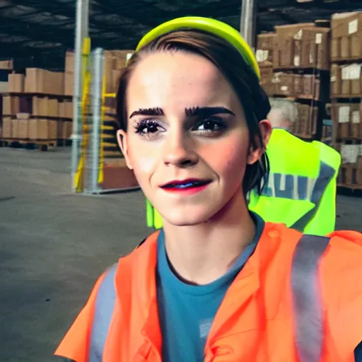 Image similar to photo, close up, emma watson in a hi vis vest, in warehouse, android cameraphone, 2 6 mm