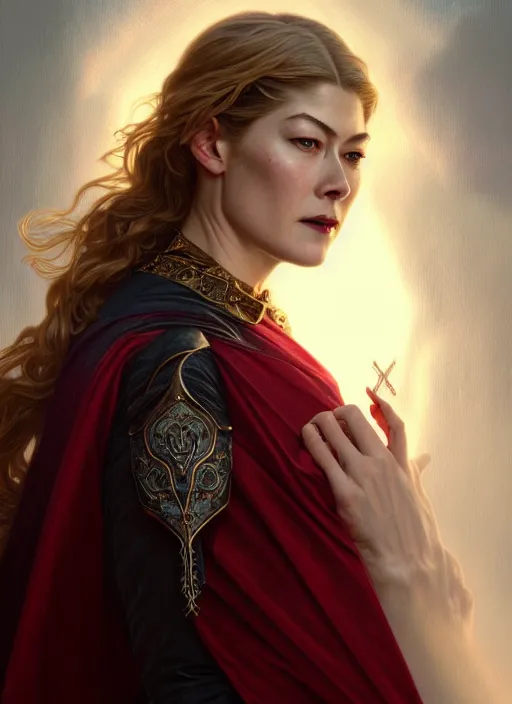 Prompt: portrait of rosamund pike as a vampire lord, jewelry, greek, ruby, intricate, headshot, highly detailed, digital painting, artstation, concept art, sharp focus, cinematic lighting, illustration, art by artgerm and greg rutkowski, alphonse mucha, cgsociety