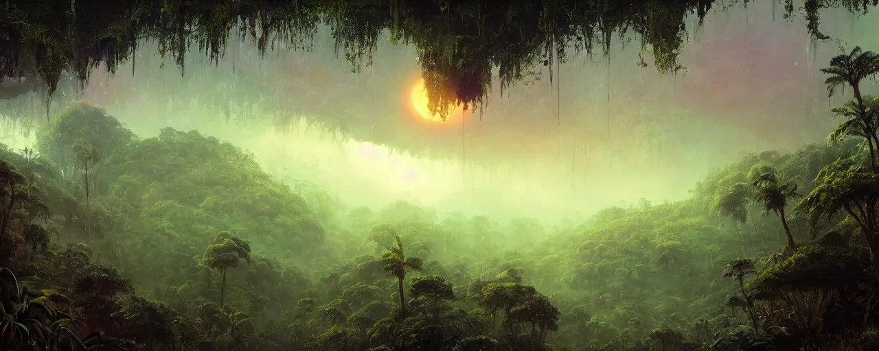 Image similar to ” outer planet with misty jungle, [ moist, wet, lush, cinematic, detailed, epic, widescreen, opening, establishing, mattepainting, photorealistic, realistic textures, octane render, art by paul lehr ] ”