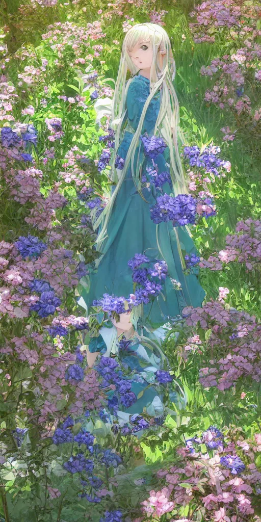 Image similar to a digital art of a loli with long hair in a dress in the privet garden at after noon, green and warm theme, mediumslateblue flowers, low angle, back lighting, by krenz cushart and mucha and akihito yoshida and greg rutkowski, highly detailed, 4 k resolution, trending on art station