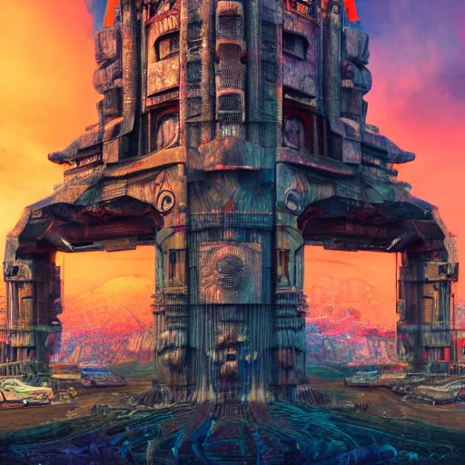 Prompt: photorealistic movie poster of insustrialpunk monument. hyperdetailed photorealism, 1 0 8 megapixels, amazing depth, high resolution, 3 d shading, 3 d finalrender, 3 d cinematic lighting, glowing rich colors, psychedelic overtones, artstation concept art.