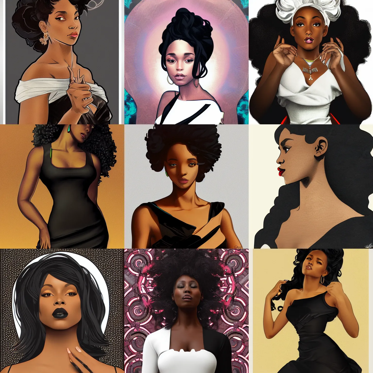 Prompt: beautiful black woman in a black cutout dress with white trim, as seen on artgerm, octane render, in the style of alphonse mucha, ultra realistic, highly detailed, 8 k