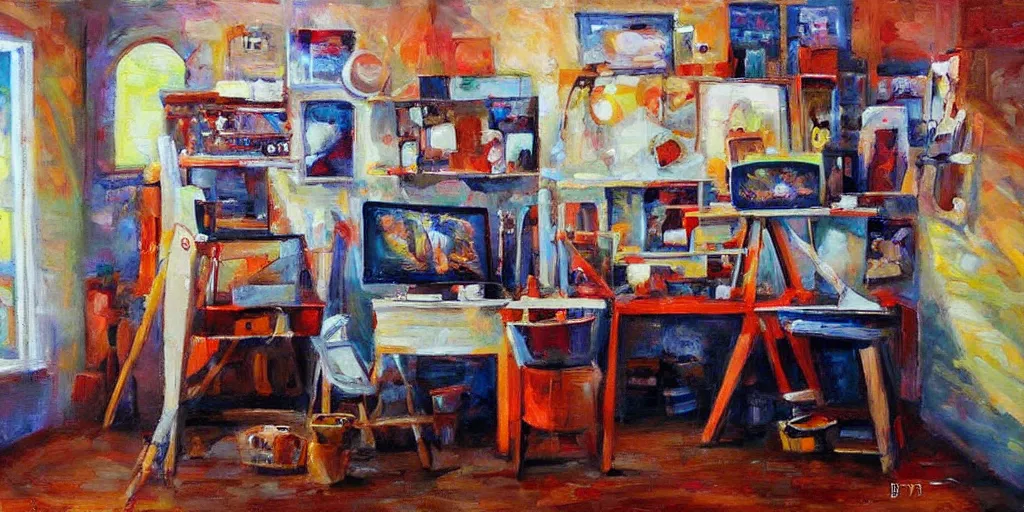 Image similar to artist painter workplace with tools and paints, art style by bryen frost