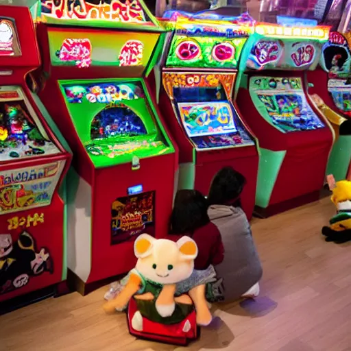 Prompt: a lot of arcade machines being played by really cute stuffed animals inside of a japanese arcade green white and red