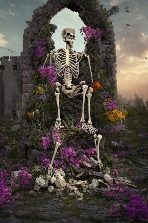 Image similar to a human skeleton full of flowers sitting in a destroyed and ruined throne in a ruined castle at sunrise, concept art, octane render, unreal engine 5, trending on Artstation, high quality, 8K, soft lighting, trending on DeviantArt, highly detailed, digital art, hyperrealistic, path traced, godrays, complementary colors, natural lighting, anatomically correct, five fingers