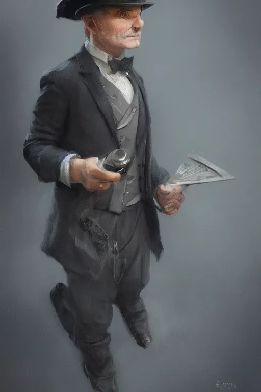 Image similar to a grey hair old halfling top hat and suit no beard by Greg Rutkowski, painting, portrait, HD, high details, trending on artstation